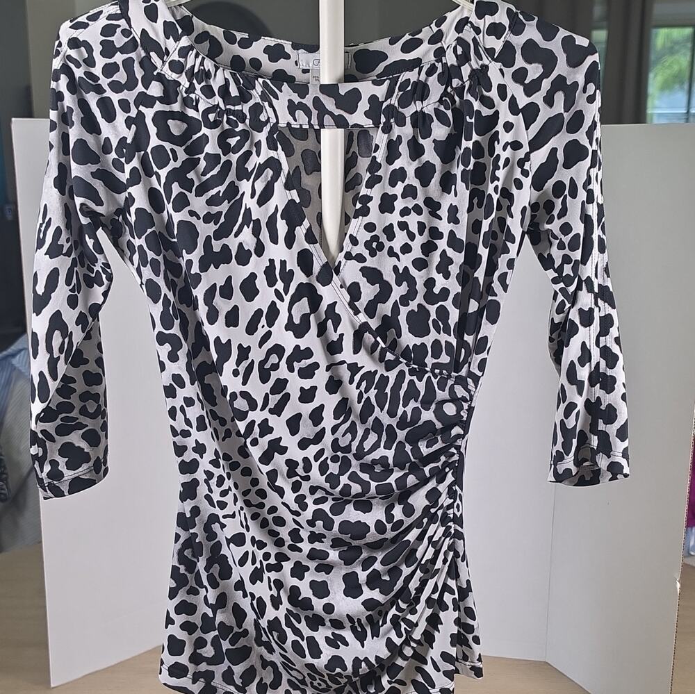 Cache S Black White Animal Print Bodycon Dress Keyhole Ruched 3/4 Sleeve